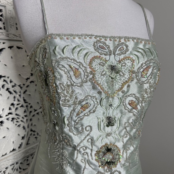 Xscape Light Sage Green Beaded Fairycore Romantic Formal Long Evening Prom Gown - Picture 2 of 8